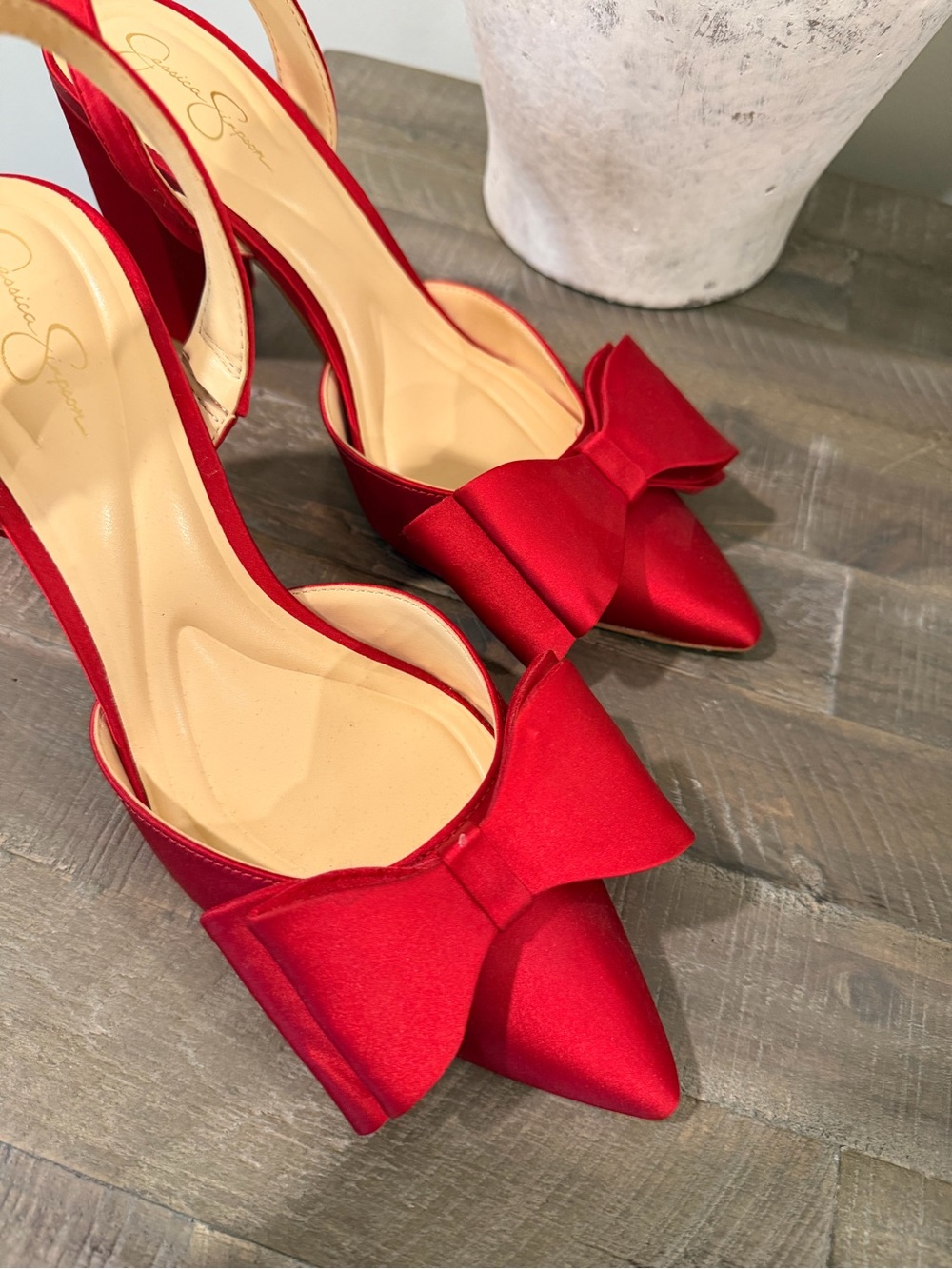 Jessica Simpson Red Satin Bow Slingback Block Heel Pumps - Picture 2 of 5